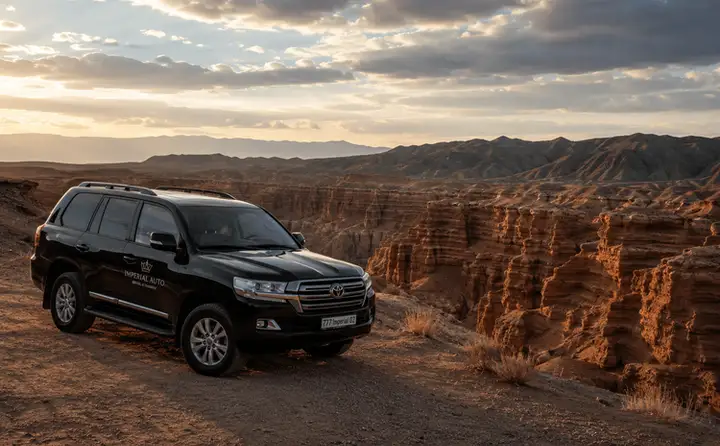 Imperial Auto car with Charyn Canyon landscape in the background