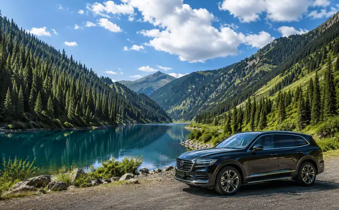 Автомобиль Imperial Auto на дороге из Алматы к Кольсайским озёрам