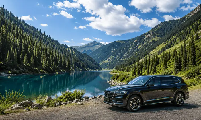 Автомобиль Imperial Auto на дороге из Алматы к Кольсайским озёрам