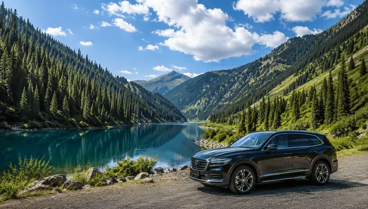 Автомобиль Imperial Auto на дороге из Алматы к Кольсайским озёрам